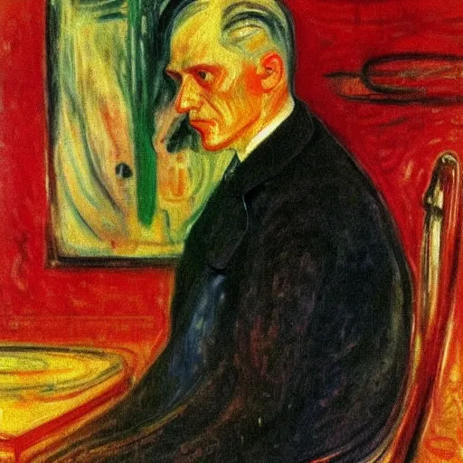 Prompt: Portrait of Edvard Munch by Edvard Munch, oil painting, masterpiece