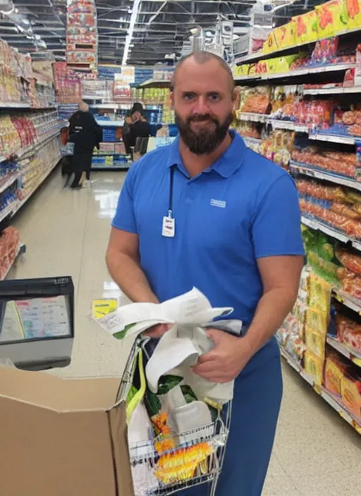 Prompt: jesus looking nervous bagging groceries on a hot day at walmart