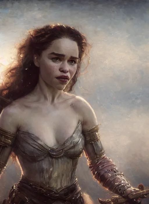 Image similar to mischievous emilia clarke, happy, detailed, by gaston bussiere, bayard wu, greg rutkowski, giger, maxim verehin, greg rutkowski, masterpiece, sharp focus, cinematic lightning