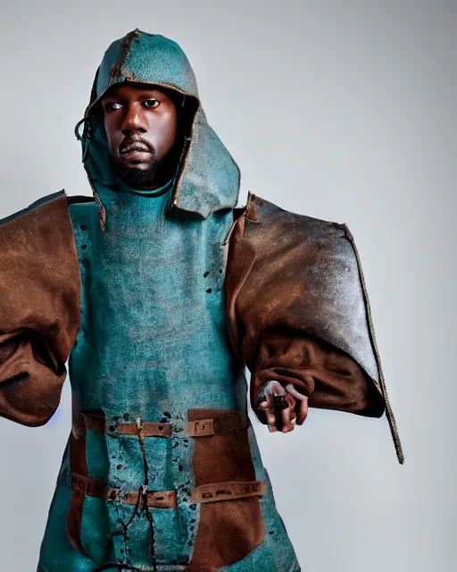 Prompt: an award - winning photo of a ancient male model wearing a plain baggy teal distressed medieval designer menswear cloth jacket slightly inspired by medieval armour designed by kanye west, 4 k, studio lighting, wide angle lens