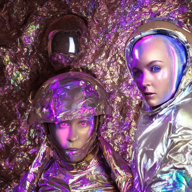 Image similar to octane render portrait by wayne barlow and carlo crivelli and glenn fabry, subject is a woman covered in tie - dye aluminum foil space suit with a iridescent metallic space helmet, inside a cave of glowing alien crystals, cinema 4 d, ray traced lighting, very short depth of field, bokeh
