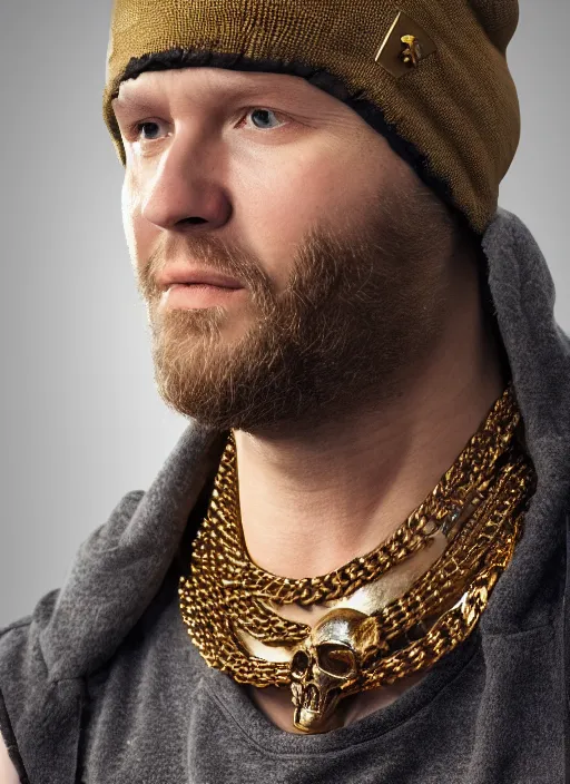 Image similar to portrait of a lithuanian man wearing a skull beanie and sleeveless hoodie, gold necklace, highly detailed, realistic, studio quality, studio photo, studio lighting, trending on artstation, sharp focus