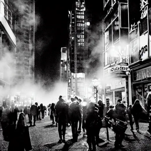 Image similar to fantastic dark vampire city, lights in the dark, lanterns, cityscape, fog, people in the streets, sharp roofs, smoke, by greg rutkovski