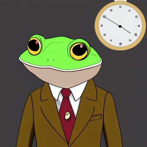 Image similar to frog in brown three. piece suit with pocket watch, concept art style