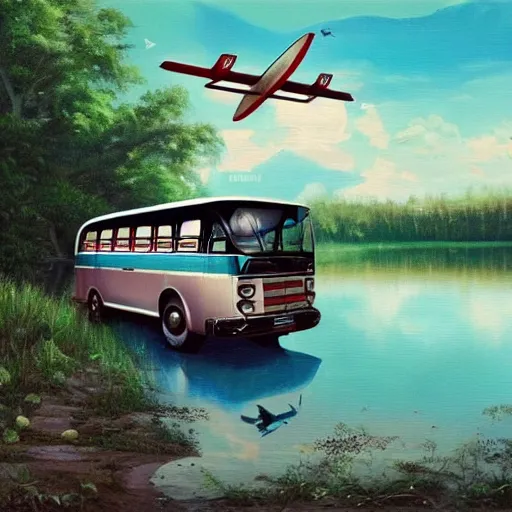 Image similar to a [ 5 0 s bus with airplane wings ] floats above a forest and lake, [ oil painting ]!!, trending on cgsociety, 4 k