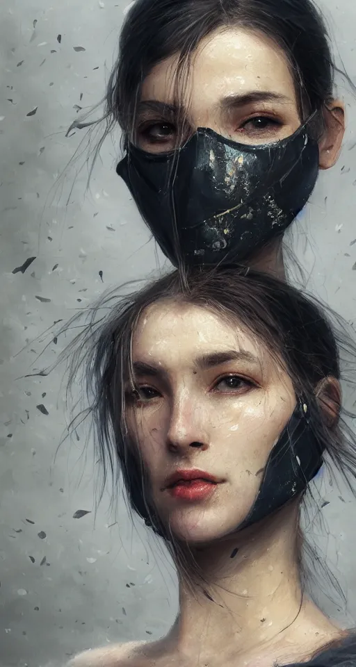 Image similar to A beuatiful portrait of a close up women wearing a mask by Greg Rutkowski, Sung Choi, Mitchell Mohrhauser, Maciej Kuciara, Johnson Ting, Maxim Verehin, Peter Konig, Bloodborne, full body, 8k photorealistic, cinematic lighting, HD, high details, dramatic, dark atmosphere, trending on artstation