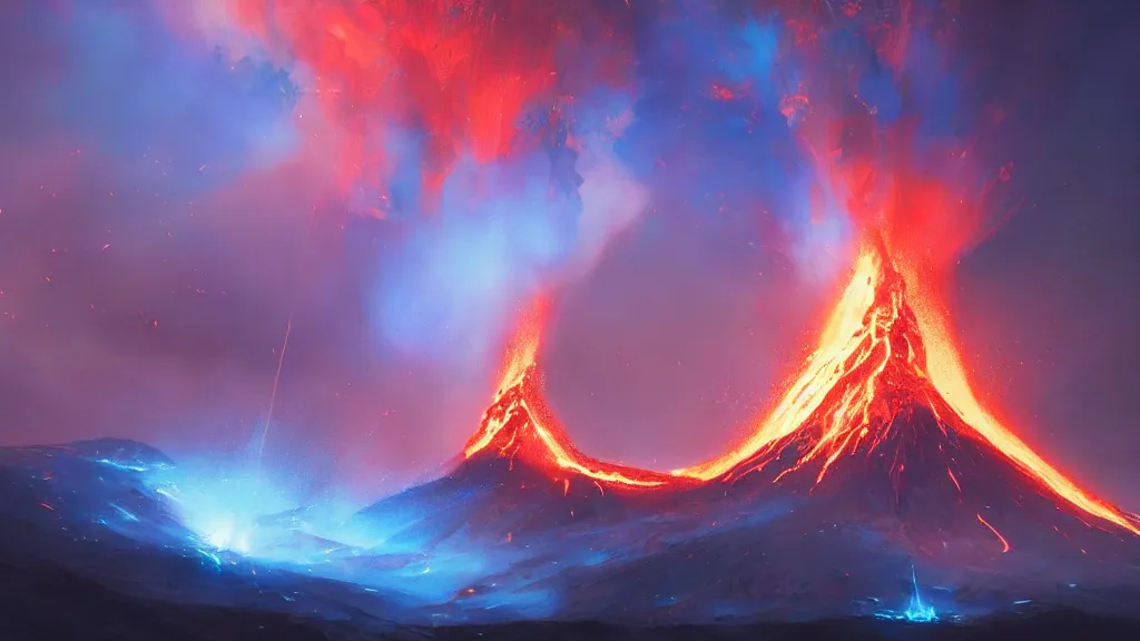 Image similar to volcano erupting blue flames, glowing! blue plumes, by greg rutkowski, sylvain sarrailh, rossdraws, ambient light, ultra detailed, fantasy artwork, 8 k, volumetric lighting, trending on artstation, award winning, beautiful scenery, very very very very very very very beautiful.