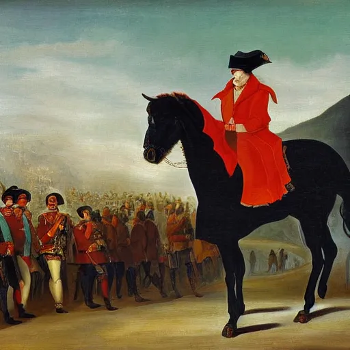 Prompt: an epic painting of hegel standing on a street, seeing napoleon ride by on a horse, oil on canvas,