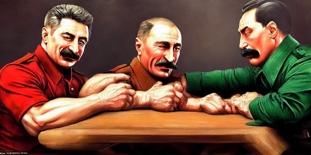 Image similar to arm wrestling between ( ( vladimir putin ) ) and ( ( iosif stalin ) ), hyperrealistic, digital concept art, caricature illustration, art by gaston bussiere