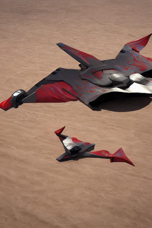 Prompt: professional photograph of a beautiful neo - futuristic simplified symmetrical stealth fighter docked on a desert plateau by ilm, denis villeneuve, emmanuel shiu, zaha hadid, vapor, cinematic architectural scale, red paint detail, manga, dramatic, volumetric, concept art, hard surface, hyperrealism, high detail, trending on artstation, sharp focus, rendered in octane