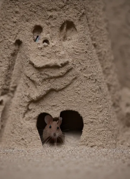 Image similar to dslr photo still of a mouse inside a sand castle, 8 k, 8 5 mm f 1. 4