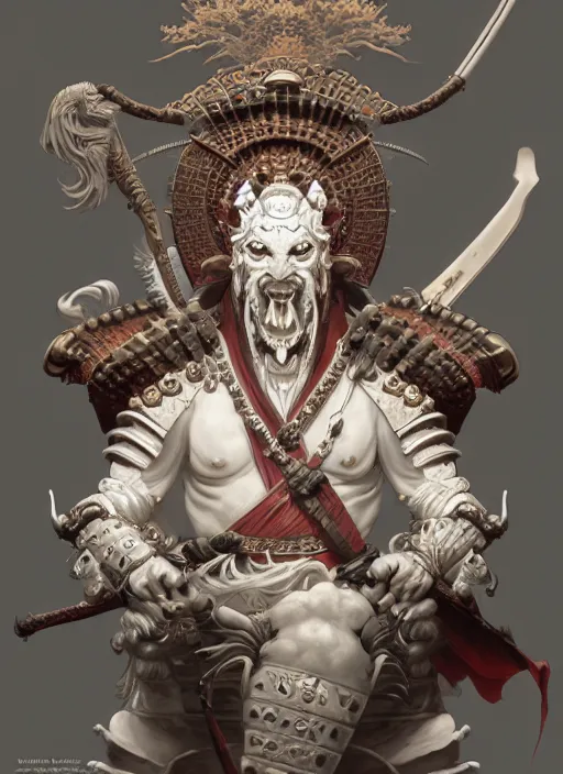 Image similar to subsurface scattering, white, koi, samurai deity with carved ivory armor, by jesper ejsing, james jean, justin gerard, tomasz alen kopera, cgsociety and fenghua zhong, highly detailed, rim light, cinematic lighting, illustration, art, octane render, very coherent, cinematic, hyper realism, high detail, 8 k