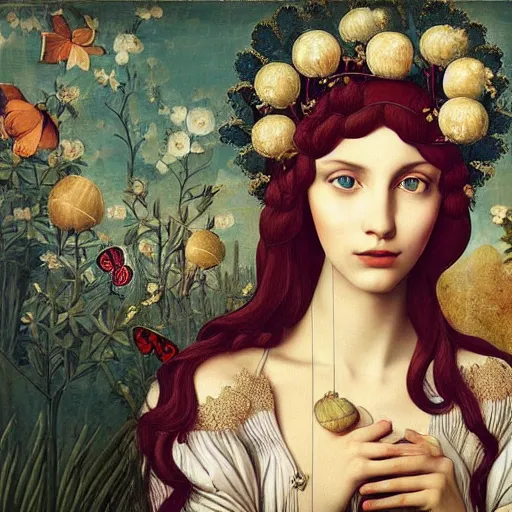 Prompt: portrait of young woman in renaissance dress and a surreal renaissance headdress, very surreal garden art by christian schloe and botticelli, naotto hattori, amy sol