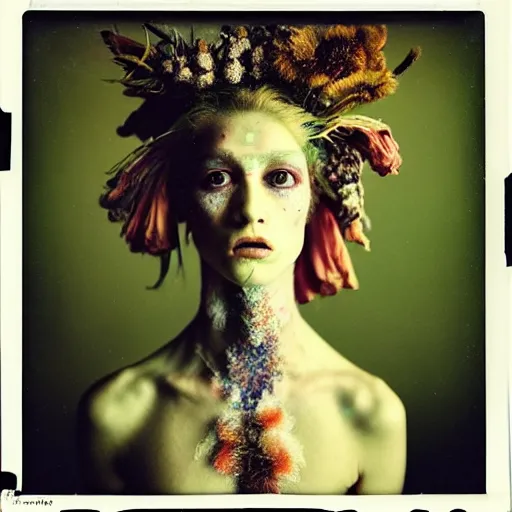 Image similar to kodak portra 4 0 0, wetplate, photo of a surreal artsy dream scene,, weird fashion, in the nature, highly detailed face, very beautiful model, portrait, expressive eyes, close up, extravagant dress, carneval, animal, wtf, photographed by paolo roversi style and julia hetta