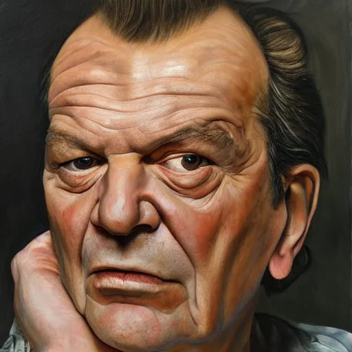 Image similar to high quality high detail painting by lucian freud, hd, portrait of mad jack nicholson, photorealistic lighting