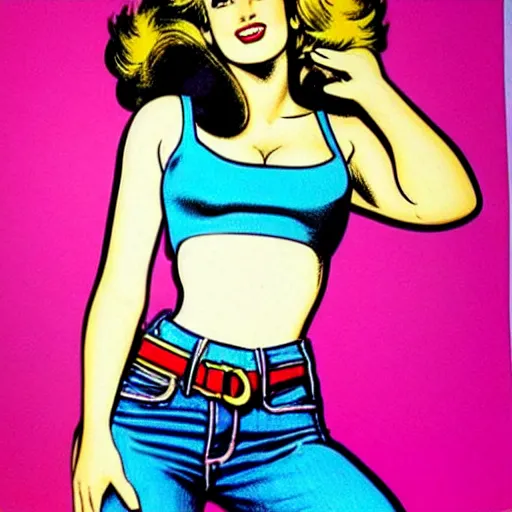 Prompt: a beautiful pinup model wearing jeans and tanktop in 8 0 s style popart poster by lendecker, jack kirby, rembrandt