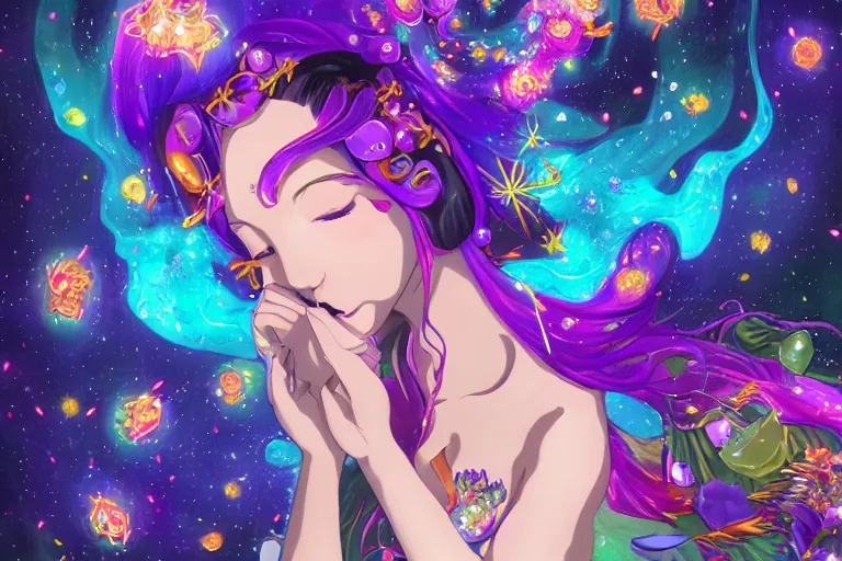 Prompt: psychedelic, whimsical, anime, 4k, beautiful seductive lamia smoking weed, with professional makeup, long trippy hair, a crystal and flower dress, sitting on a reflective pool, surrounded by gems, underneath the stars, rainbow fireflies, trending on patreon, deviantart, twitter, artstation, volumetric lighting, heavy contrast, art style of Greg Rutkowski and Miho Hirano and Ross Tran