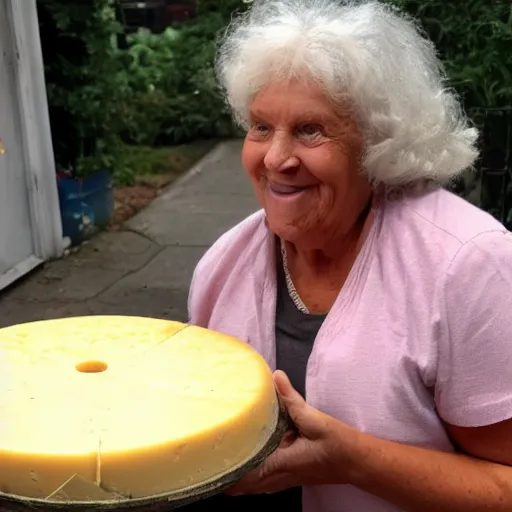 Image similar to marjorie taylor greene eating a large wheel of cheese,