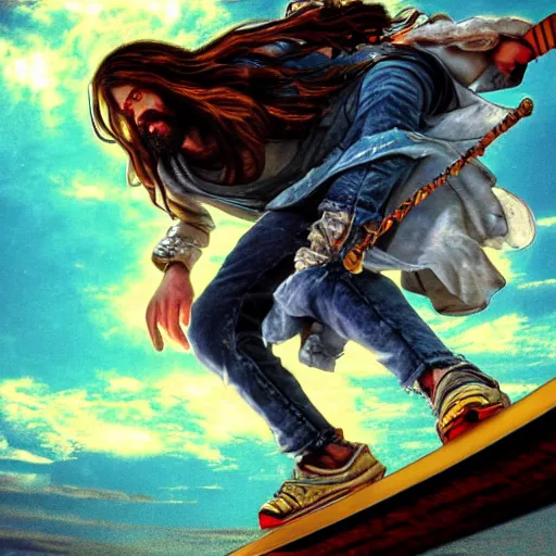 Image similar to UHD photo of a Jesus skateboarding , stoner rock, extremely detailed, 8k, cinematic lighting, in the style of Amano and Ayami Kojima, with vivid colors and rich composition