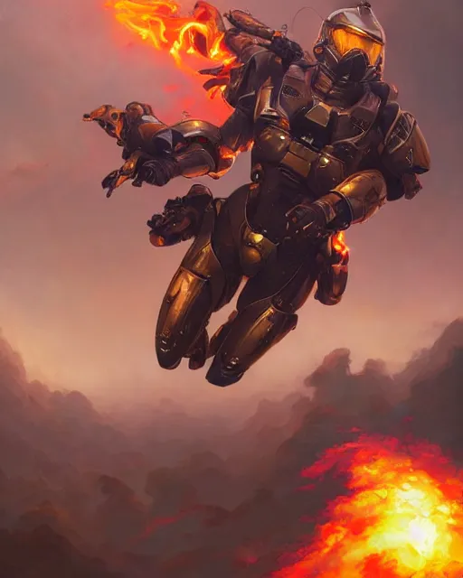 Image similar to Master chief skydiving, fiery, by pete mohrbacher and artgerm and wlop, digital art, highly detailed, intricate, fantasy, mystical, sharp focus, Trending on Artstation HQ, deviantart, unreal engine, 4K UHD image