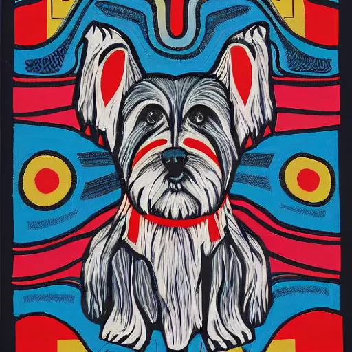 Image similar to tlingit haida lithographic, 3 / 4 portrait of havanese dog, simplified forms, multiple colors, print by tristan - wolf reg davidson clifton guthrie maynard johnny jr.