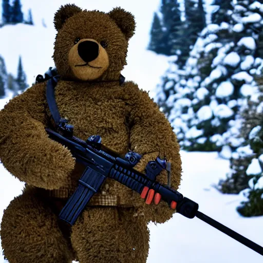 Image similar to cinematic shot of a teddy bear as a special forces soldier holding a sniper rifle in a snowy mountain range, 8 k, depth of field, very detailed,