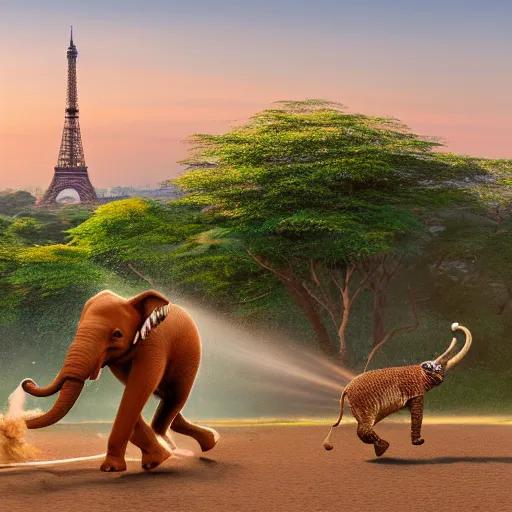 Image similar to very small dog in a high speed chase with an elephant out in the african jungle with a watering hole and eiffel tower in the background, 8k, 4k, high detail