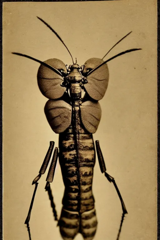Prompt: anthropomorphic locust, wearing a suit, vintage photograph, sepia