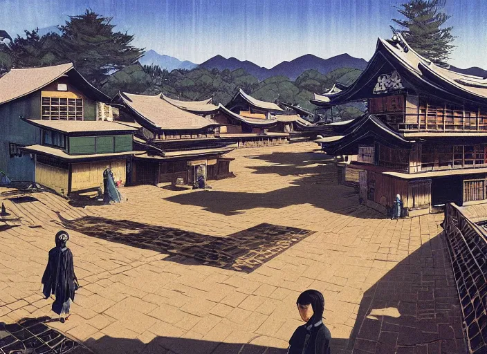 Image similar to vincent di fate's 1 9 8 0 depiction of a kyoto village near a japanese mansion. cyberpunk style.