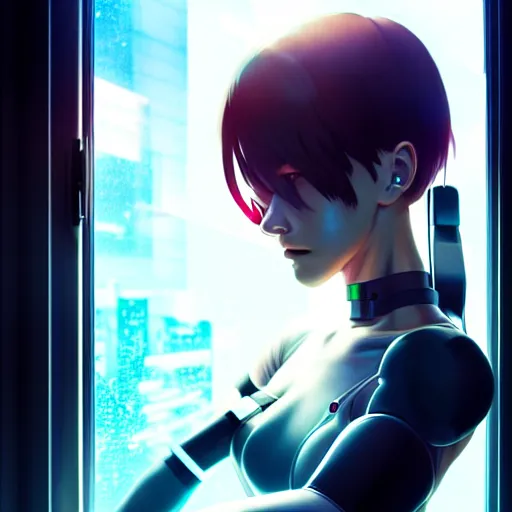 Prompt: beautiful cyborg - girl punching into a large reflective shattering window, window reflections, reflective, mirror reflection, refractions on lens, full round face, biomechanical details, cyberpunk anime art, full body shot, lens flare, wlop, ilya kuvshinov, artgerm, krenz cushart, greg rutkowski