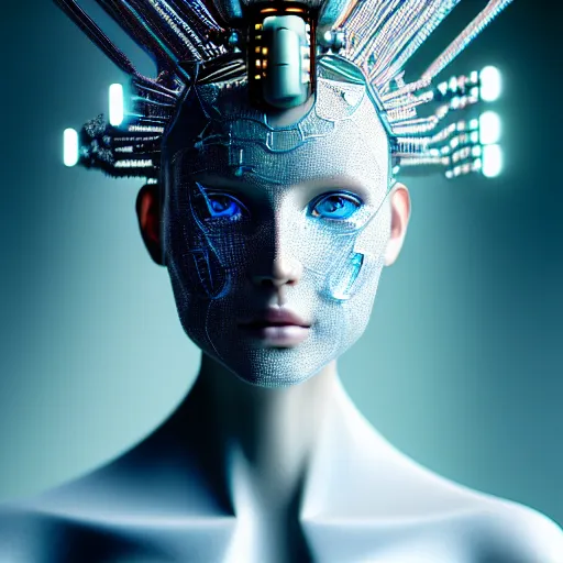 Prompt: portrait of an absurdly beautiful, graceful, sophisticated, fashionable cyberpunk mechanoid gravure idol, hyperdetailed illustration by irakli nadar, matt wisniewski style, intricate linework, white porcelain skin, iridescent fractal headdress, day - glow facepaint, unreal engine 5 highly rendered, global illumination, blue light, detailed and intricate environment