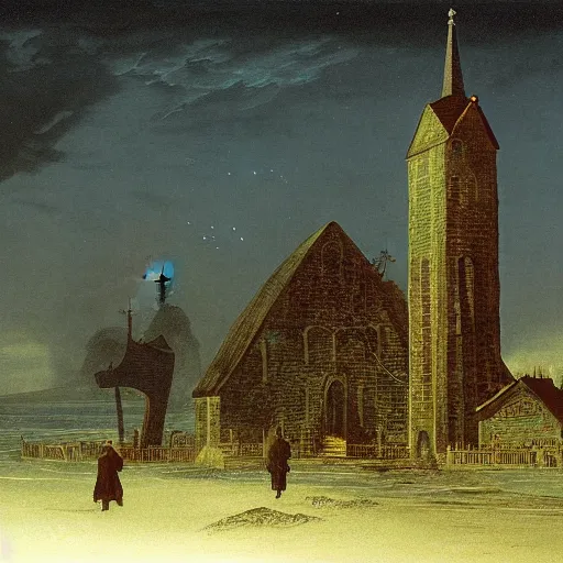 Image similar to innsmouth, wanderer, fishpeople, fishing town, church, night, dramatic light, lovecraft, painted by caspar david friedrich