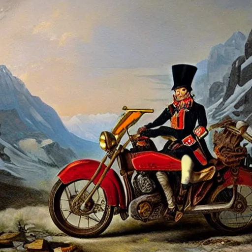 Image similar to Napoleon Crossing the Alps on a Harley Davidson