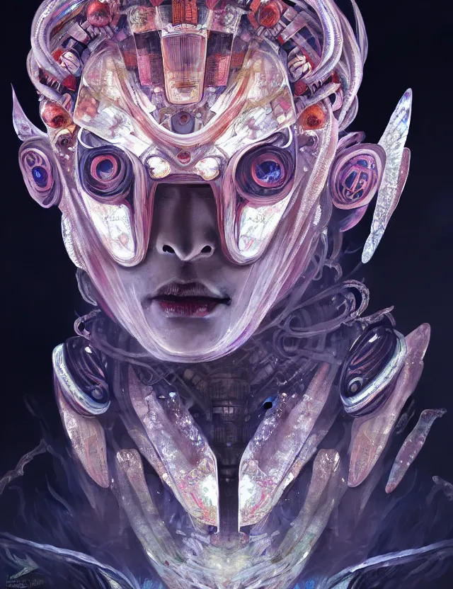 Image similar to asura from chinese myth, ghost, gorgeous and huge head ornaments, dystopian, cyberpunk, organic fractal mycelum and fungi, mecha, halfturn portrait of a big crystal face made of crystals half - turn, ominous, intricate, studio, art by anthony macbain + greg rutkowski + alphonse mucha, concept art, 4 k, sharp focus