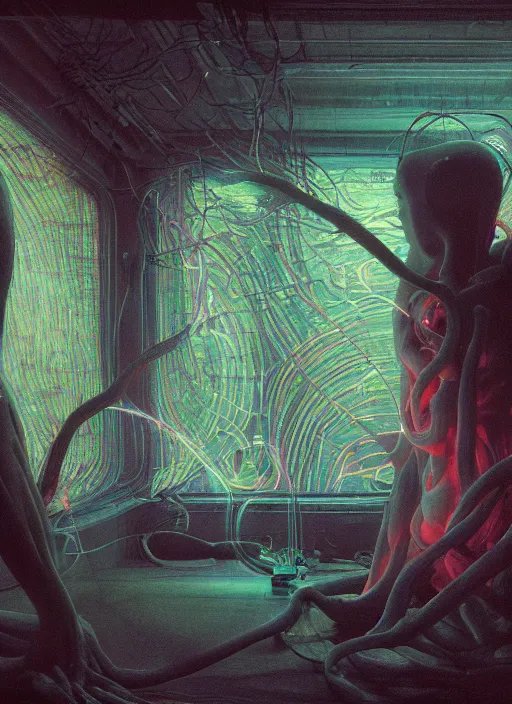 Image similar to HE AWAKENED, neon, they are watching, RGB, glowing wires everywhere, pristine, by Edgar Maxence and Ross Tran, Zdzisław Beksiński, and Michael Whelan, distant, gustav dore, H.R. Giger, 8k, octane render