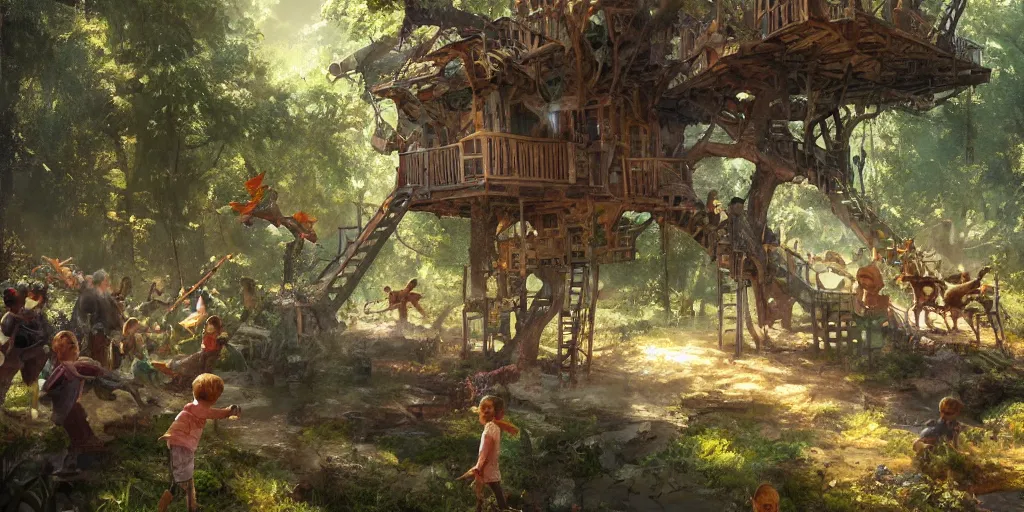 Prompt: The battle for the treehouse, small group of kids trying to take a treehouse from another small group of kids, artwork by Craig Mullins,Movie poster, detailed, trending on artstation, isometric
