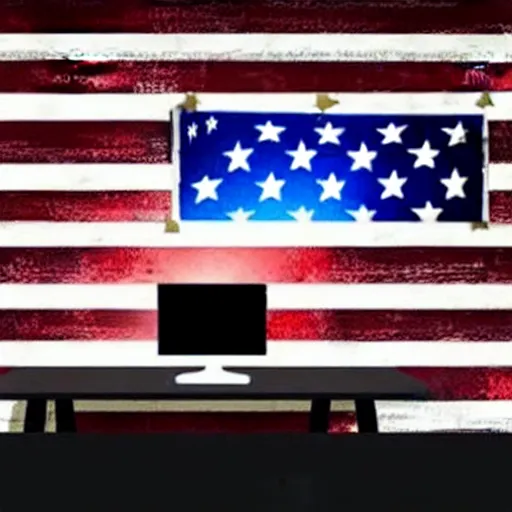 Image similar to American teenager with black hair playing ROBLOX on his computer in his bedroom, USA flag on the wall, France flag on the wall, highly detailed, full room, sad atmosphere, dark room, in the photo realistic