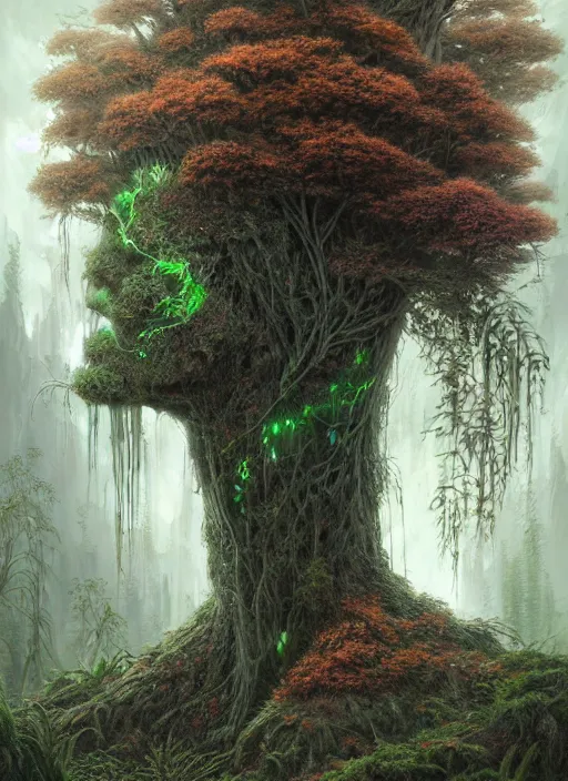 Image similar to Portrait of an Ancient Robot with a tree growing out of its head, patches of moss, translucent leaves, extremly detailed digital painting, in the style of Tomasz Alen Kopera and Fenghua Zhong and Peter Mohrbacher, mystical colors, rim light, beautiful lighting, 8k, stunning scene, raytracing, octane, trending on artstation