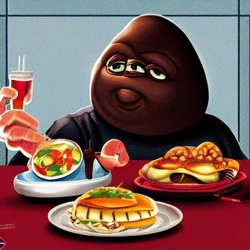 Image similar to fat e. t in a diner with a table full of plates with leftovers, photorealistic