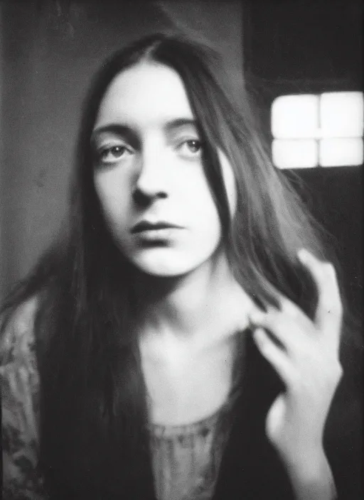 Image similar to black and white film photography, portrait of young marie laforet in darkness, 35mm, film photo