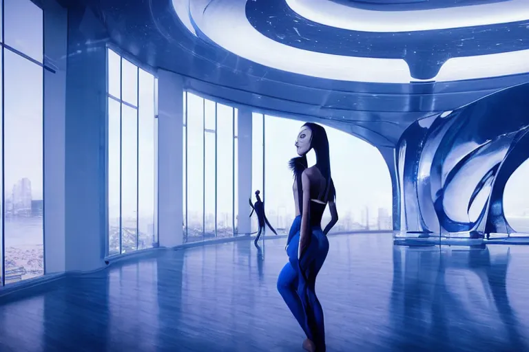 Image similar to vfx movie scene closeup portrait of beautiful blue skin fit alien gorgeous woman dancing in in yoga pants in sleek futuristic decadent spaceship pillars, alien antenna, futuristic ballroom. big eyes, soft skin, giant windows view of earth obit. by emmanuel lubezki