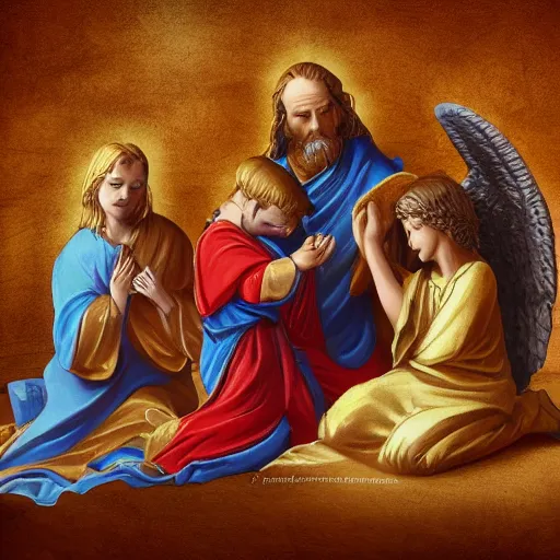 Prompt: angels protecting a praying man very highly detailed, award winning, trending on artstation, 4K UHD image