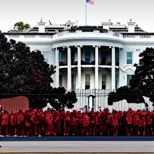 Image similar to a crowd of terminators gleaming in the sunlight surrounding the White House, ominous, 4k, 8k, octane, red, black, gunmetal