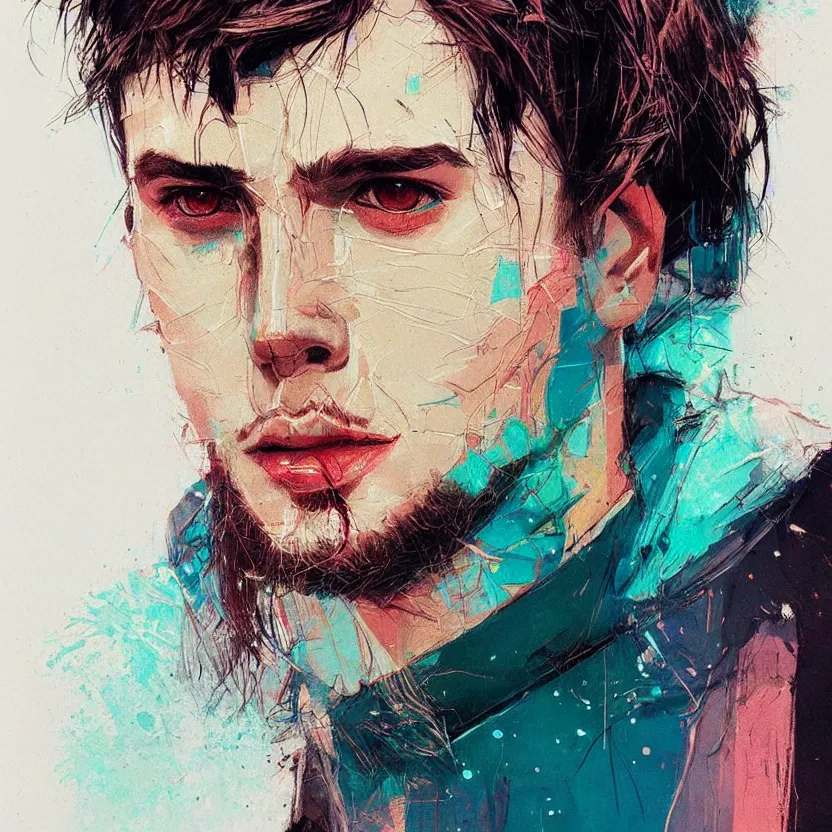 Image similar to close up portrait painting of a male in nineties street styling, concept art, intricate details, aesthetically pleasing pastel colors, art by conrad roset, impressionism, portrait