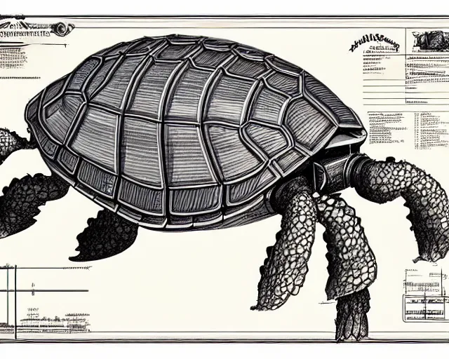 Image similar to a full page of a mechanical blueprint showing a cutaway design for a mechanized turtle from howl's moving castle ( 2 0 0 4 ), with a big head, muted colors, post grunge, studio ghibli, hq,