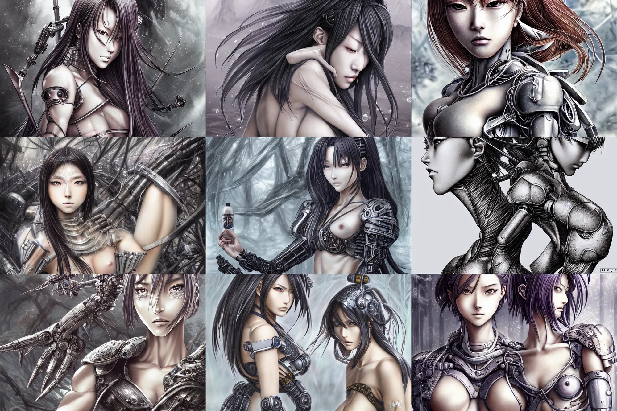 Prompt: Ultra realistic illustration, incredible Japanese manga cover showing an incredibly beautiful and alluring, beautiful cyborg warrior priestess feminine figure, smooth skin, gorgeous, pretty face, beautiful symmetrical fashion model body, an abandoned futuristic Japanese research center, D&D, fantasy, intricate, elegant, highly detailed, digital painting, concept art, smooth, sharp focus, illustration, art by artgerm and Masamune Shirow and greg rutkowski and alphonse mucha and WLOP, set in post apocalyptic Tokyo, overgrown plants, dapped light, large draped cloth, tissue ornament, dark fantasy, hyper realistic, digital illustration, trending on artstation