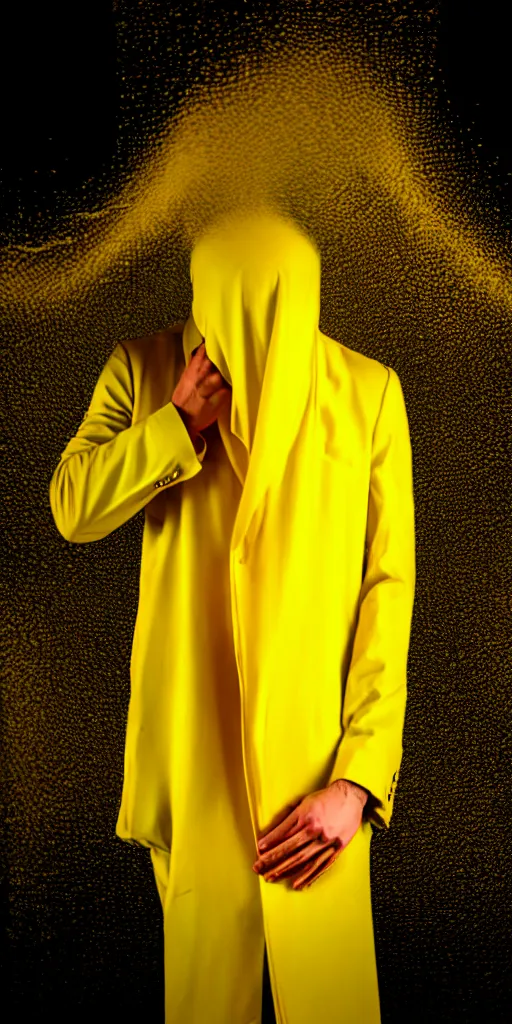 Prompt: faceless man in a yellow suit, hidden behind torn cloth swirling violently