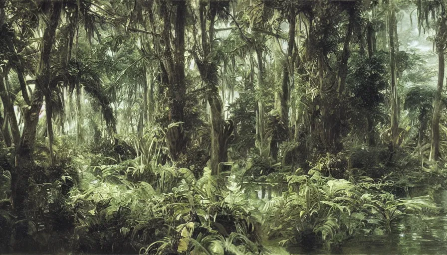 Prompt: artwork painting of a swampy lush jungle by eugene von guerard, ivan shishkin, john singer sargent