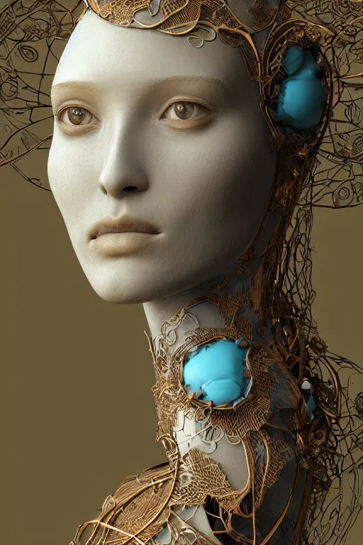 Prompt: complex 3d render ultra detailed of a beautiful dark porcelain female face, biomechanical cyborg, analog, 150 mm lens, beautiful natural soft rim light, big leaves and stems, roots, fine foliage lace, turquoise gold details, Alexander Mcqueen high fashion haute couture, art nouveau fashion embroidered, steampunk, intricate details, mesh wire, mandelbrot fractal, anatomical, facial muscles, cable wires, microchip, elegant, hyper realistic, dark background, ultra detailed, octane render, volumetric lighting, 8k post-production