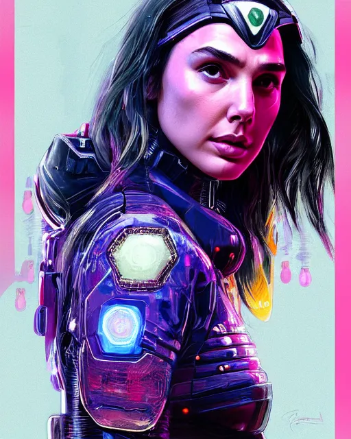 Image similar to detailed side profile portrait Gal Gadot, cyberpunk futuristic neon, reflective puffy coat, decorated with traditional Japanese ornaments by Ismail inceoglu dragan bibin hans thoma greg rutkowski Alexandros Pyromallis Nekro Rene Maritte Illustrated, Perfect face, fine details, realistic shaded, fine-face, pretty face